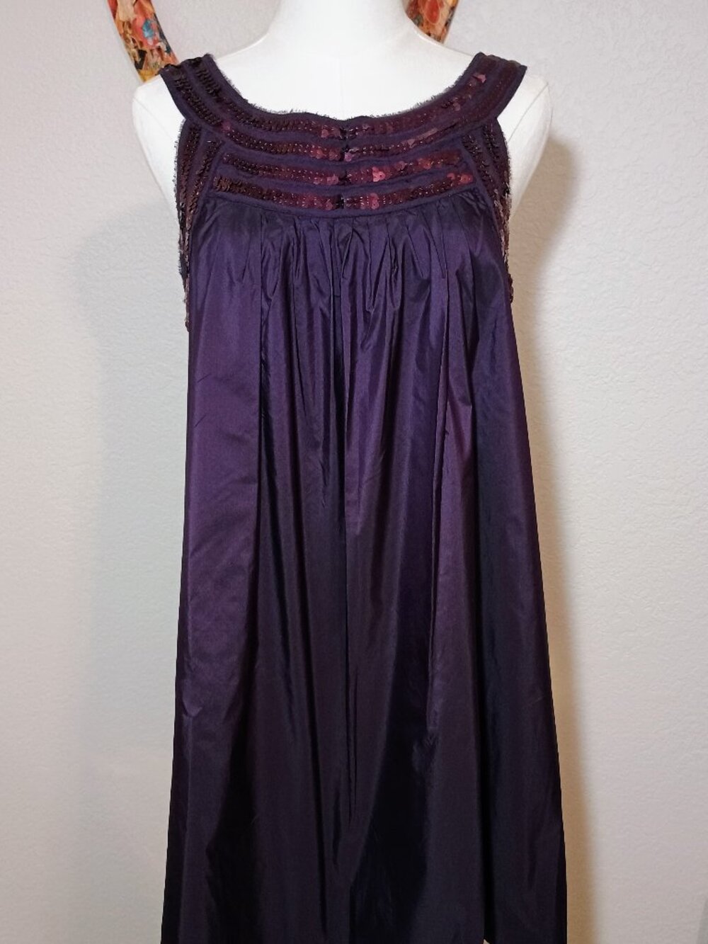 Theory Purple Sequin Babydoll Pullover A Line Shift Dress Silk Poly sz 8 Medium